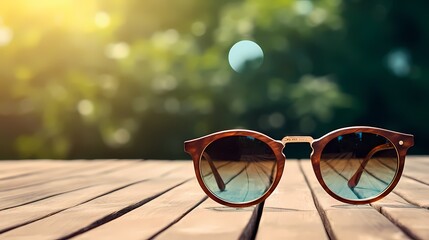 A pair of sunglasses resting on a wooden table.