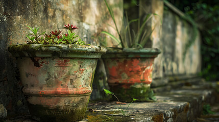 Weathered plant pots on a rustic ledge.