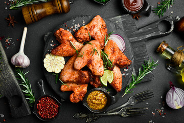 Grilled chicken wings with garlic and rosemary on a slate plate. On a dark background.