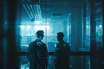 Fototapeta premium Medical Professionals in Action: Two Dedicated Doctors Intently Observing a Hospital Room, Portrayed with Realistic Depictions of Human Form and Blended Mechanical Designs