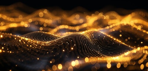 wave of golden particles over black futuristic technology abstract background