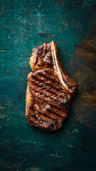Steak. Grilled steak on the bone. Roasted piece of meat. Free space for text.