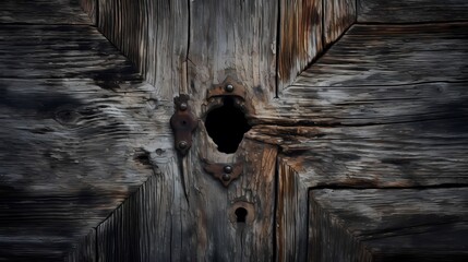 A solitary keyhole on a weathered door, suggesting secrets and hidden narratives.