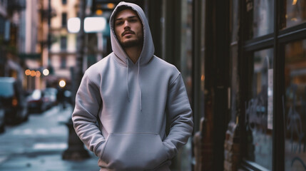 Fototapeta premium Portrait of a young man in a gray hoodie in the city