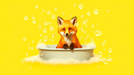 A cute fox enjoys a bath surrounded by soap bubbles on a vibrant yellow background