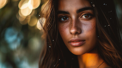 Close-up portrait of a beautiful young dark-skinned girl with freckles on her face. - obrazy, fototapety, plakaty