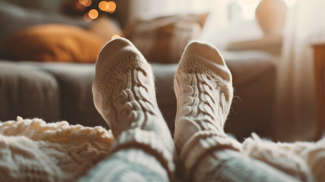 Feet of young woman in warm socks at home, closeup
