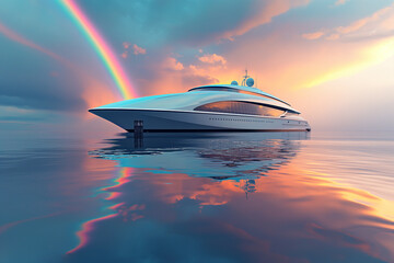 Futuristic cruise ship in the ocean with Rainbow 