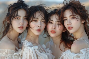 Obraz premium With features akin to those from angelic tales, Taiwanese girls elegantly wears an international gala dress, embodying celestial beauty.