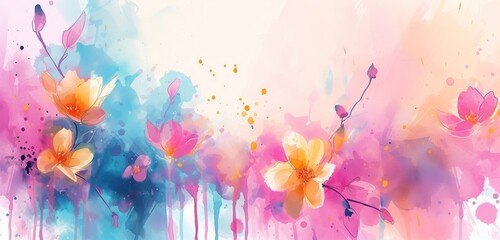water color ink painting with spring bright color flowers and leaves, abstract background - Powered by Adobe