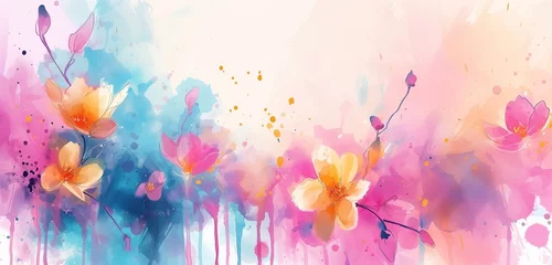 Foto op Aluminium water color ink painting with spring bright color flowers and leaves, abstract background © sundas