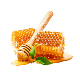 Honeycomb with honey dipper and leaf isolated, Organic product from the nature for healthy with traditional style, PNG transparency