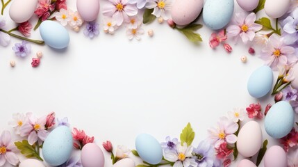 Fototapeta na wymiar Flat lay frame with easter eggs and spring flowers on white background