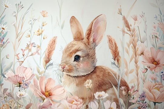 Easter background with bunny and spring flowers in watercolour style