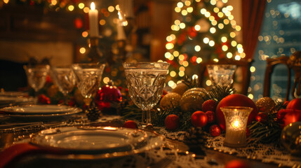Elegant Christmas dinner table setting with sparkling crystal glasses, white plates, festive baubles, and glowing candles, all set against a backdrop of warm twinkling fairy lights.
