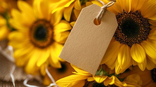 Photo of yellow sunflowers, autumn flowers with a blank craft tag for your text, close-up frame, template for holiday greetings