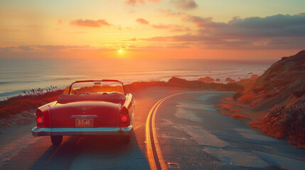 Vintage convertible car parked on a coastal road at sunset, with a vibrant sky and the ocean in the background.
