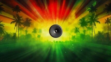 Speaker in the center of a reggae background with tropical plant details.