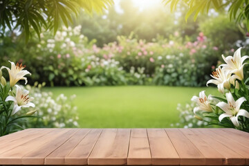 Fototapeta na wymiar Empty wooden table for product display with lily garden background