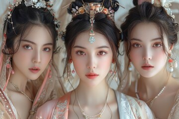 Three Taiwanese girls radiates charm in her traditional festival dress, her image imbued with a commercial retouch, reminiscent of a character from folklore tales.