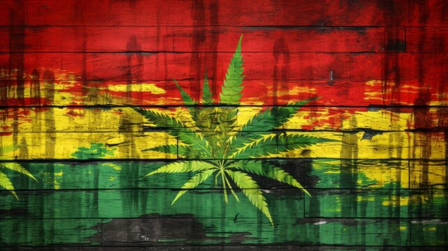 Cannabis leaf painted on wooden wall with reggae colors.
