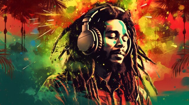 Portrait of african american person with dreadlocks wearing headphone on reggae background.