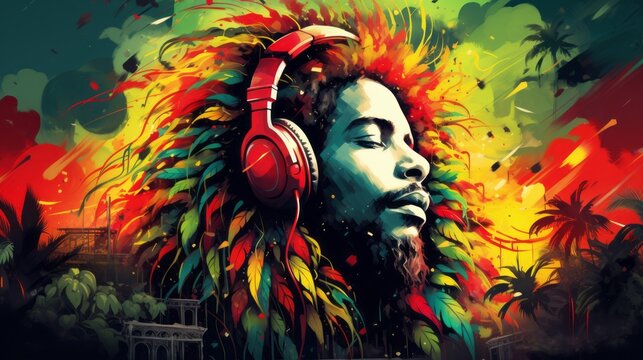 Portrait of african american person with dreadlocks wearing headphone on reggae background.