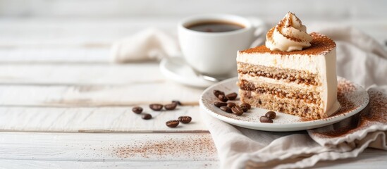 A piece of vegan raw tiramisu cake sits elegantly on a white plate. The light reflects gently off the smooth surface of the dessert, creating an inviting image. - obrazy, fototapety, plakaty