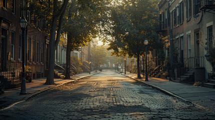 A serene morning on an empty cobblestone street lined with historical brick townhouses and lush green trees, as the sun rises casting a warm golden glow and long shadows.