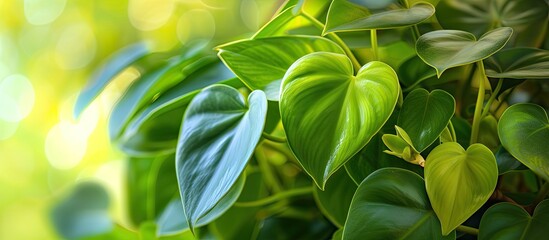 This close-up showcases the heart-shaped foliage of a Heart Leaf Philodendron, also known as a sweetheart plant. The vibrant green leaves are the focal point of the image, displaying intricate veins