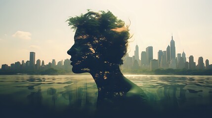  A photo of a woman's face, made out of leaves, is superimposed - obrazy, fototapety, plakaty