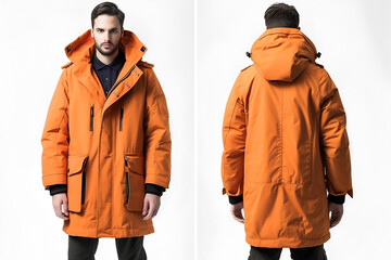 Male young model in fashion orange jacket, ski or hiking set mockup. Space for design, print and showcasing. Generate Ai