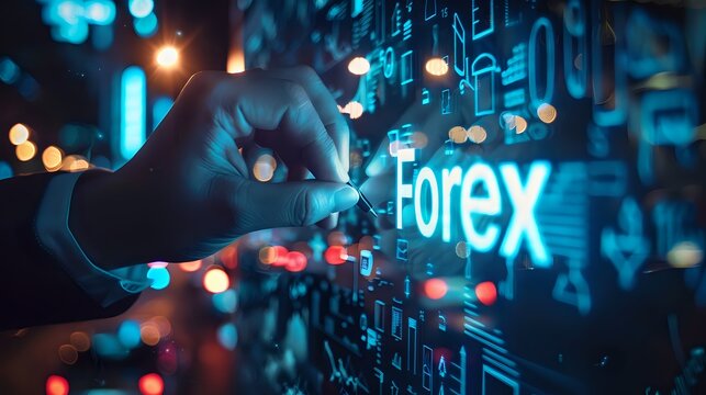  A hand touching a digital screen with the word "Forex"