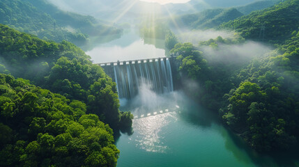 Aerial view of a dam with open floodgates releasing water into a lush green valley surrounded by forested hills under a hazy sky with sunbeams - obrazy, fototapety, plakaty