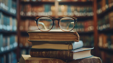 A stack of books with a pair of glasses on top - obrazy, fototapety, plakaty
