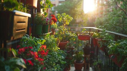 Fototapeta na wymiar An urban balcony garden at sunset with lush green plants and vibrant flowers in various containers, bathed in warm, golden sunlight.
