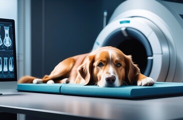 Dog lying on table before scanning in MRI equipment in veterinary clinic. Banner Vet CT scan for pet. Generation AI 