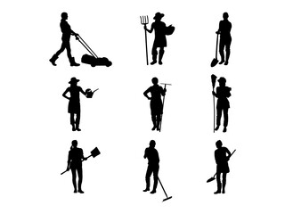 Set of Woman Gardening Silhouette in various poses isolated on white background