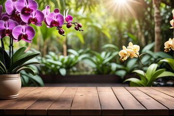 Empty wooden table for product display with orchid garden background