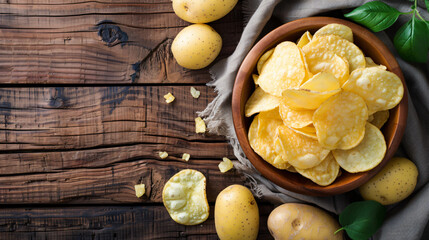 Potato and bowl with potato chips on a wooden background.