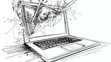Abstract laptop with dollar as line drawing on white