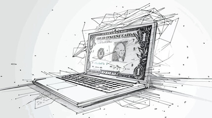 Abstract laptop with dollar as line drawing on white
