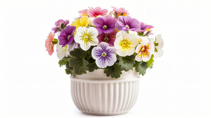 Primula flowers with a white pot on isolated background