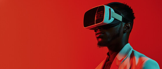 An elegant man in a suit is fully immersed in a virtual experience, represented by the sleek VR glasses - obrazy, fototapety, plakaty