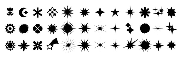 Shape icon. Form star and flower, different figures, symbol, simple element, line circle. Geometry graphic, basic rhombus curve, modern square. Isolated black silhouette. Vector minimal abstract set