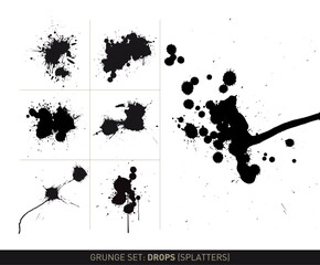 Grunge set: Drops and splattered paint stains in black and white, vectorized