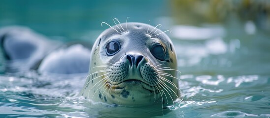 A seal gracefully swims in a pool of water at the seal sanctuary in Hel, Poland. The seals sleek body moves effortlessly through the water, creating ripples on the surface. - obrazy, fototapety, plakaty