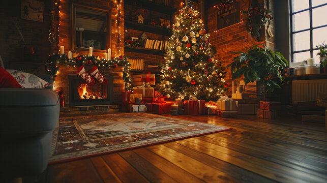 Cozy living room decorated for Christmas with a beautifully adorned tree, gifts wrapped in festive paper, and warm fireplace surrounded by holiday lights creating a welcoming festive atmosphere.