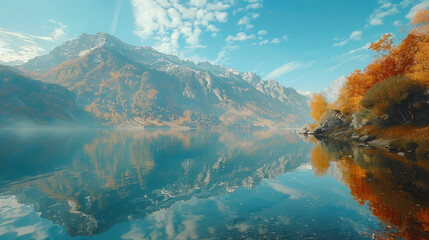 Autumn landscape of a serene lake with clear reflection of mountains and trees with golden leaves under a blue sky.