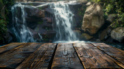 Top wooden table with wwaterfal background